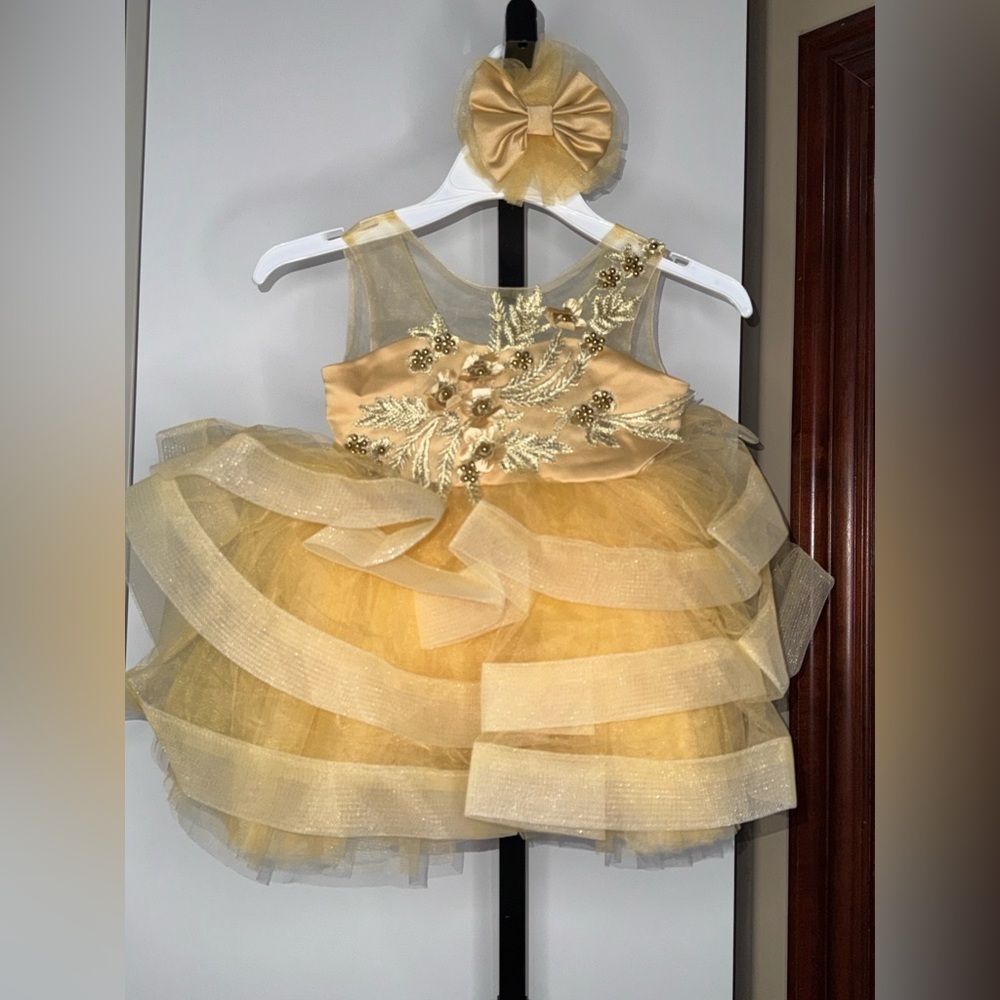 Handmade Elegant Gold Kids Costume Dress with matching hairbow clip